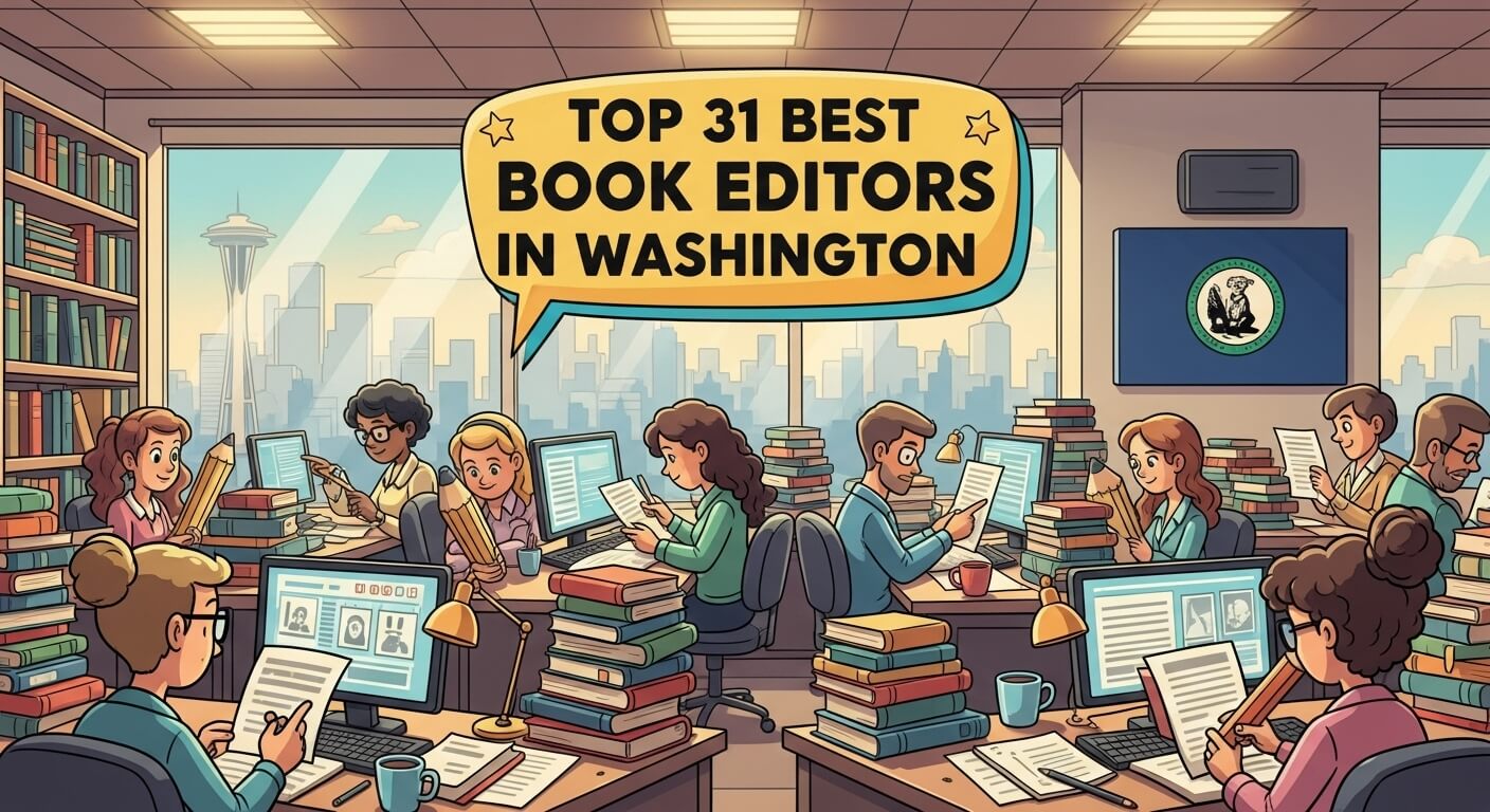 Cartoon-style illustration of a modern publishing office in Washington, editors reviewing manuscripts at desks stacked with colorful books, Washington state flag on the wall, glowing icons for editing, publishing, and marketing, bold blog title text “Top 31 Best Book Editors in Washington” prominently displayed.