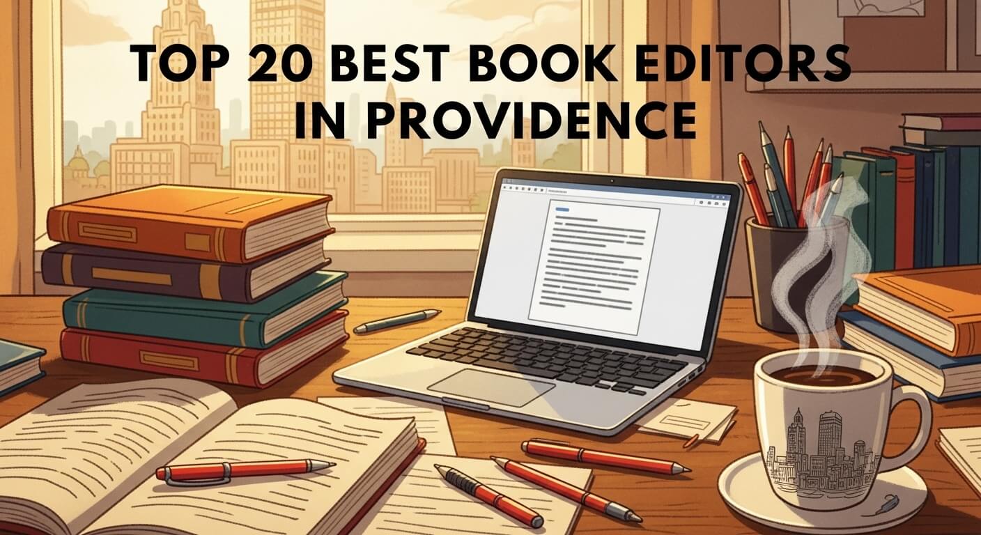 Visual: A warm, illustrated workspace scene — open manuscripts, books, laptop, red pens, and a steaming coffee mug with Providence city skyline softly drawn in the background. 📍Blog Title Text on Image (Bold): TOP 20 BEST BOOK EDITORS IN PROVIDENCE 2025