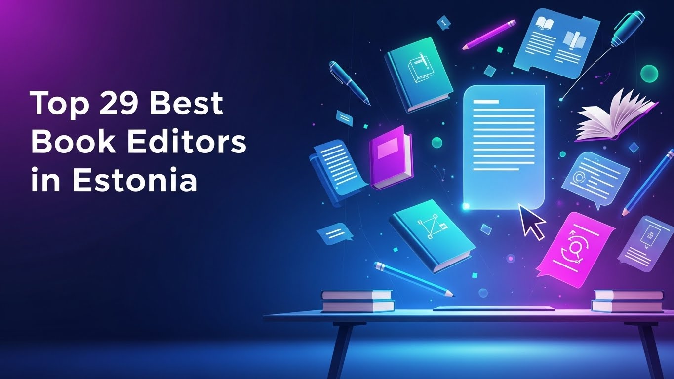 “Abstract digital illustration featuring floating book icons, editing symbols, glowing manuscript graphics, and a sleek modern desk. Futuristic gradient colors with blues and purples, dynamic composition, contemporary digital art style. Include clean modern text on the image: ‘Top 29 Best Book Editors in Estonia’.”