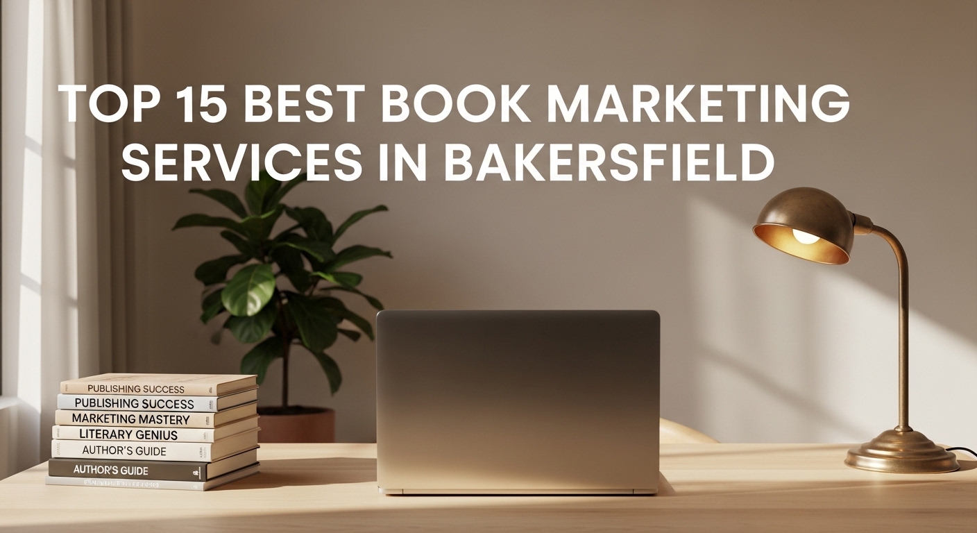 "A sleek modern workspace with a laptop, neatly arranged books, small indoor plant, vintage desk lamp, neutral beige and warm golden tones inspired by California Central Valley, soft natural lighting, minimalist professional aesthetic, wide banner layout, bold title text: 'TOP 15 BEST BOOK MARKETING SERVICES IN BAKERSFIELD', clean corporate publishing vibe."